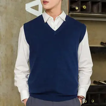 민소매 느슨한 따뜻한 스웨터 조끼 남자 솔리드 컬러 v-목 풀오버 양복 조끼 남자 가을 겨울 니트 조끼