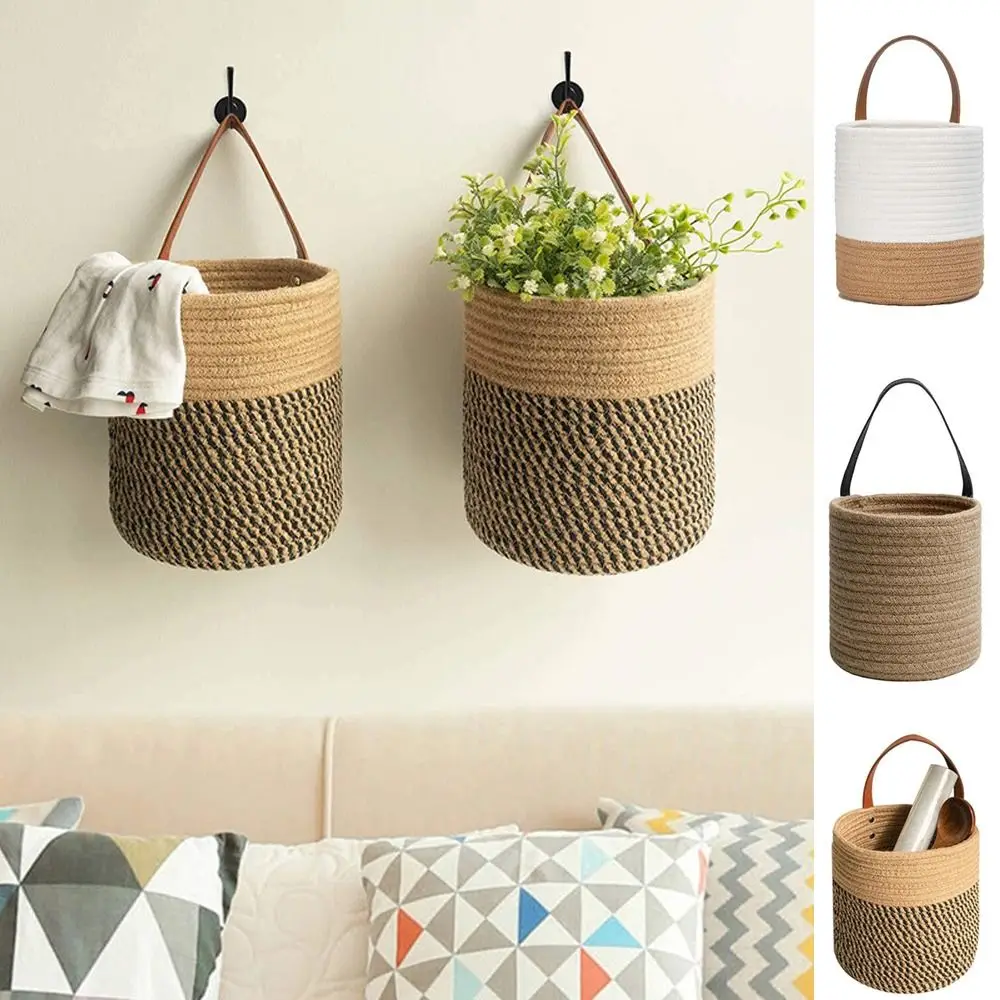 Wall Hanging Woven Jute Cotton Flower Basket Pot Planter Home Storage Baskets For Kitchen Tableware Bathroom Sundries Organizer