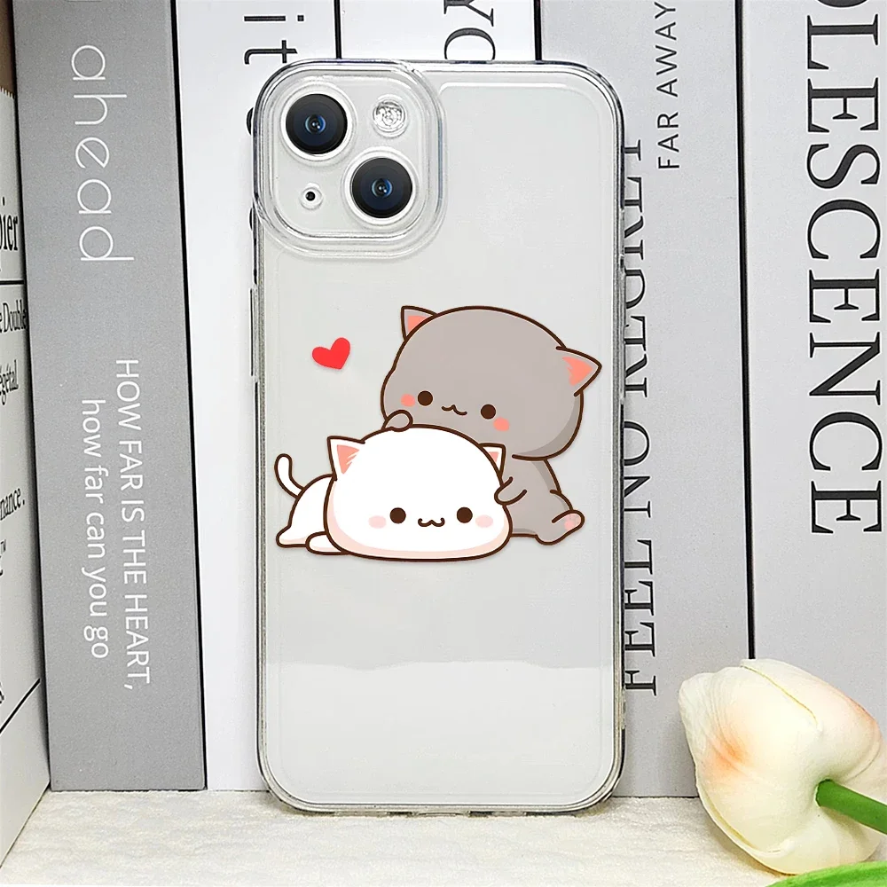 Cartoon Peach Mochi Cat Couple Transparent Soft Phone Case