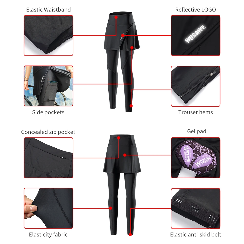 Women Cycling Tights 2-in-1 Skirt with 5D Silicone Sponge Pad MTB Bike High Waist