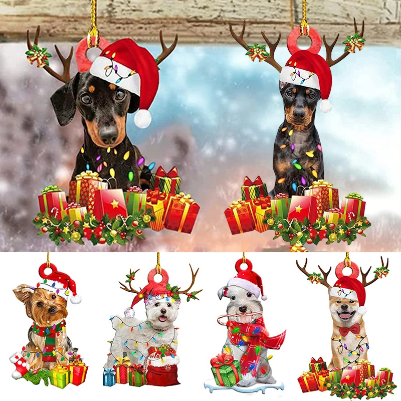 New Christmas Tree Pendant Cute Puppy Resin Acrylic Dog Drop Ornament Festival Party Banquet Supply Home Hotel Decoration Gift