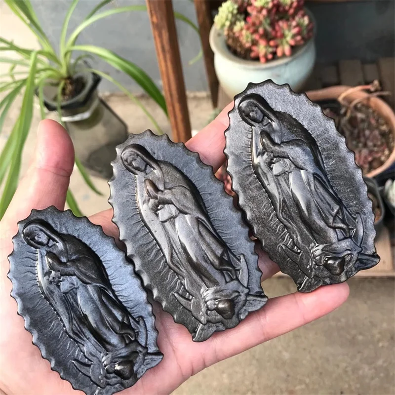 Natural Silver Obsidian Crystal Carved Madonna Figure Decorative Sculpture Souvenirs Saintess Exotic Stone Statues 1pcs