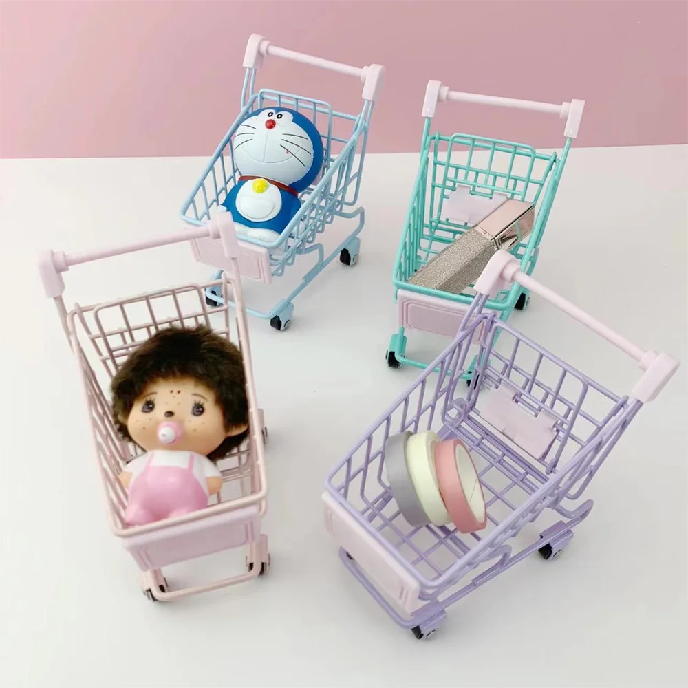 Creative Cute Desktop Storage Boxes Mini Shopping Car Storage Basket Sorting Basket Simulation Supermarket Hand Trolley Ornament