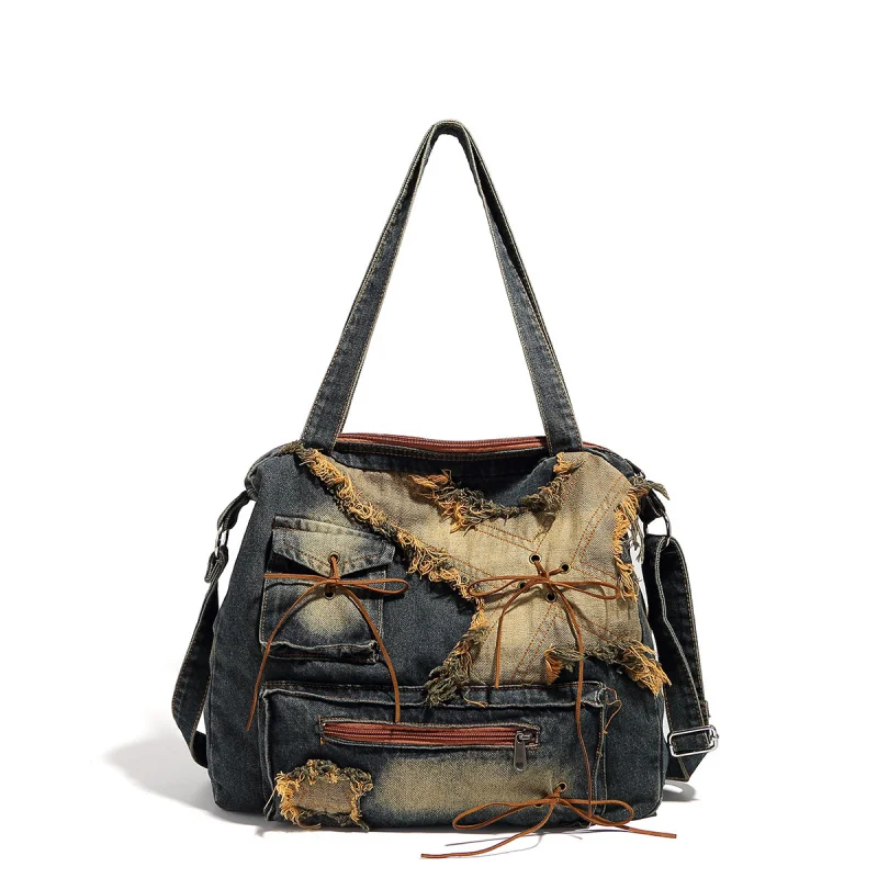 New Style Large Capacity Tote Bag for Hot Girls Vintage Single Shoulder Bag Washed Denim Casual Women's Handbag
