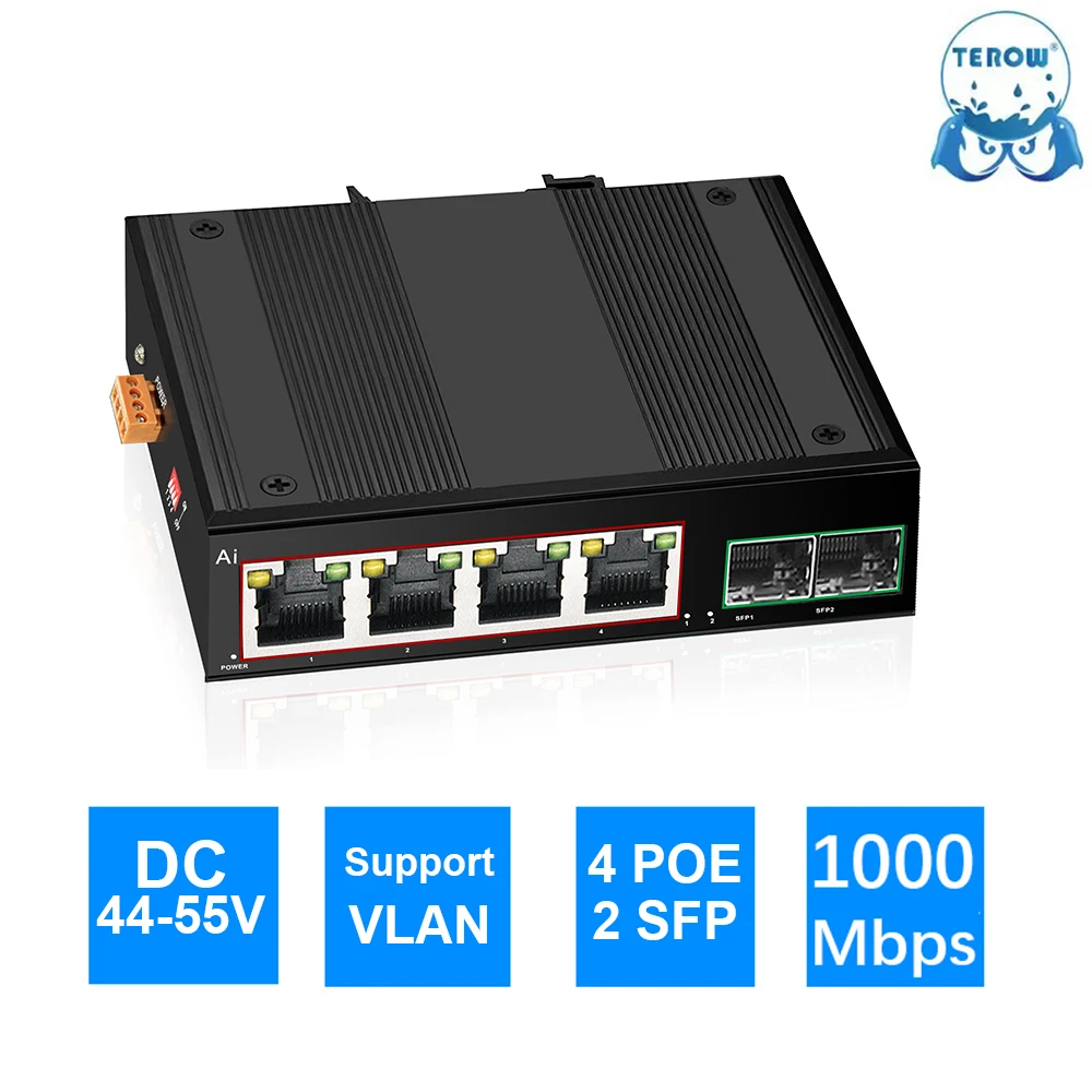 TEROW Промышленный Коммутатор POE, гигабитный коммутатор Ethernet с портом 6*100/Мбит/с Base-T Din IP40, промышленный сетевой коммутатор