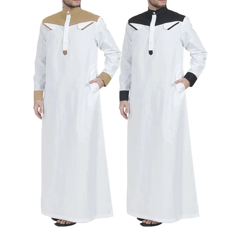 Roupa muçulmana tradicional contraste cor muçulmano vestido médio oriente jubba thobe men robe com mangas compridas mandarin neck