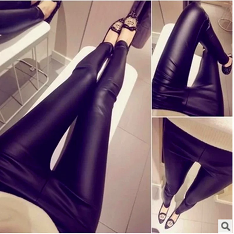 

Autumn and winter black leggings for women, imitation leather leggings for outerwear, slimming elastic waist nine-point pants.