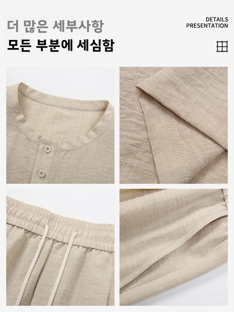 워리어 아이스 실크 캐주얼 스포츠 세트 남성 여름 얇은 린넨 반팔 티셔츠 반바지 10대 투피스 세트 폴리에스터 섬유