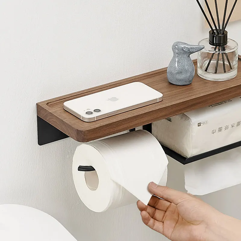 Wall-Mounted Burnt Wood & Black Metal Dual-Roll Toilet Paper Holder w/ Shelf