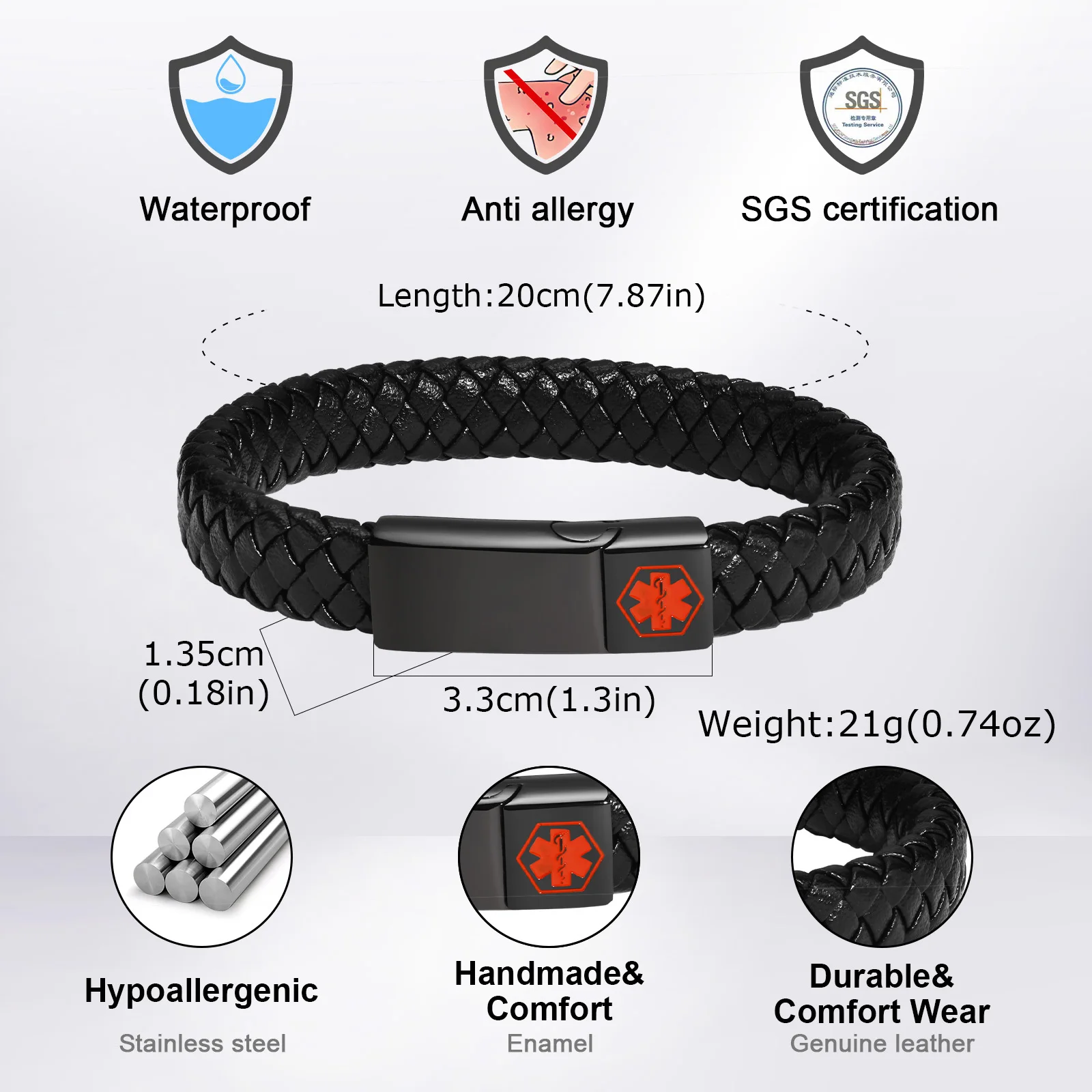 Red Medical Men's Bracelet,Black Genuine Leather ID Bracelet,Type 1/2 Diabetes Alzheimer Epilepsy Customize Bracelet