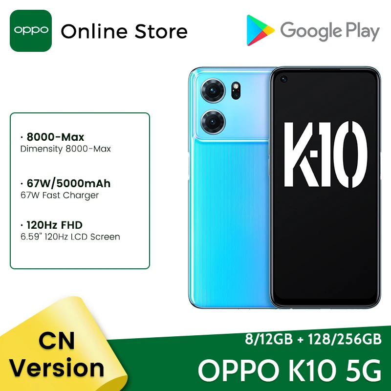 

OPPO K10 5G Smartphone Dimensity 8000-Max 8GB/12GB 6.59" 120HZ 64MP Triple Cameras 5000mAh Battery 67W Charger Phone