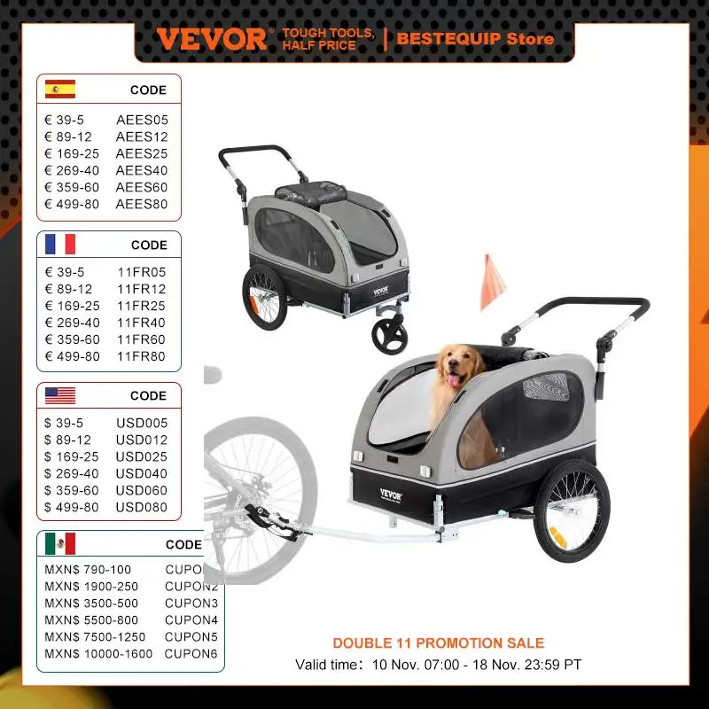 VEVOR 88 lbs 2-in-1 Pet Stroller Cart Dog Bike Trailer Wheels Reflectors Easy Folding Cart Frame Bicycle Coupler Carrier
