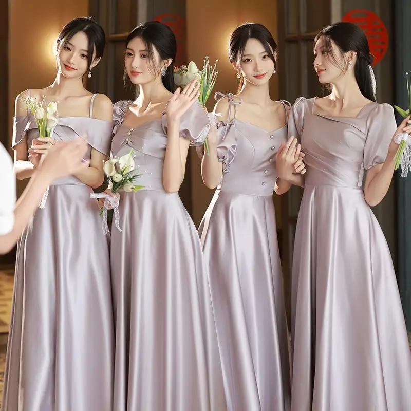 

Women's Purple Stain Bridesmaid Dresses New Female Puff Sleeve Long Evening Dresses Spring Autumn Large Sisters Group Dress