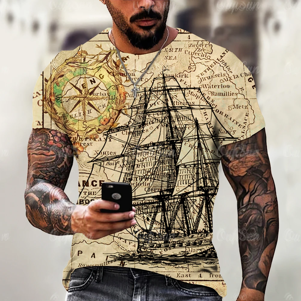 

Compass Print T-shirt Vintage Men's Short Sleeve Shirt Nautical Tops Summer O-Neck Sweatshirt Tees Designer Daily Mens Clothing