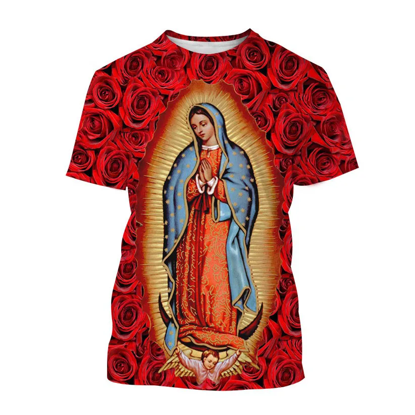 

Футболка с 3D принтом Девы Марии, летняя повседневная футболка унисекс с изображением христианской Матери Бога и с коротким рукавом, уличный стиль веры, Харадзюку