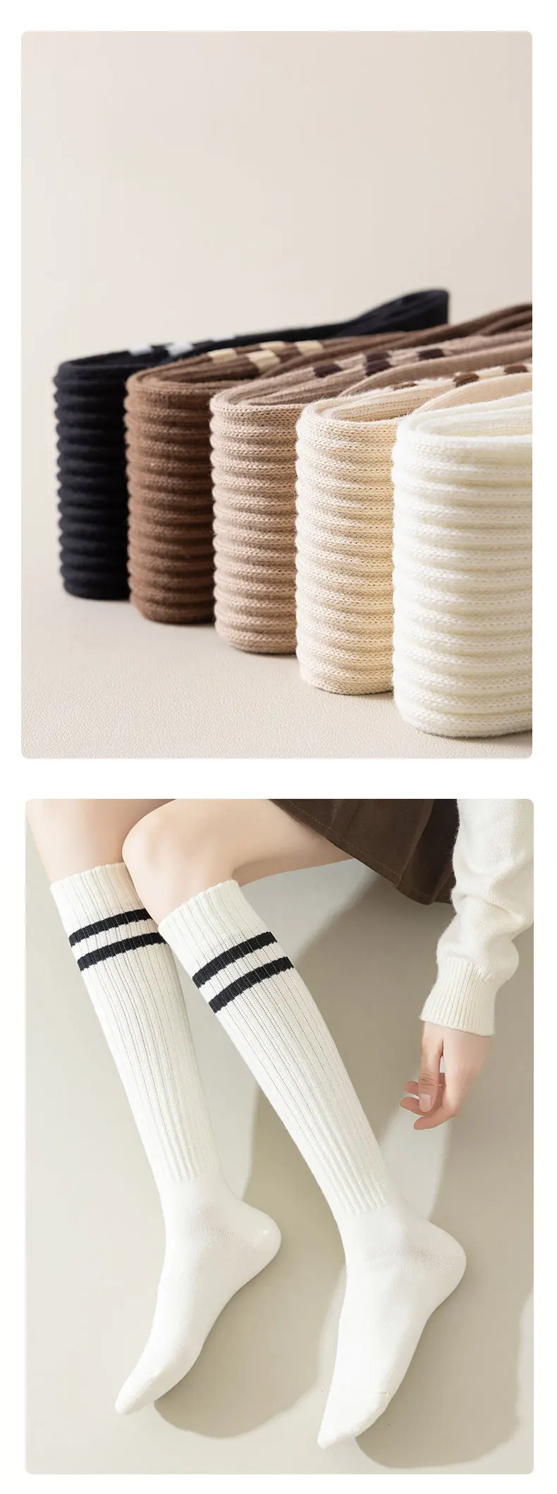 Girl Children's Calf Socks Autumn and Winter Thickened Mid-lenght Stockings Ins White Stripe Stockings