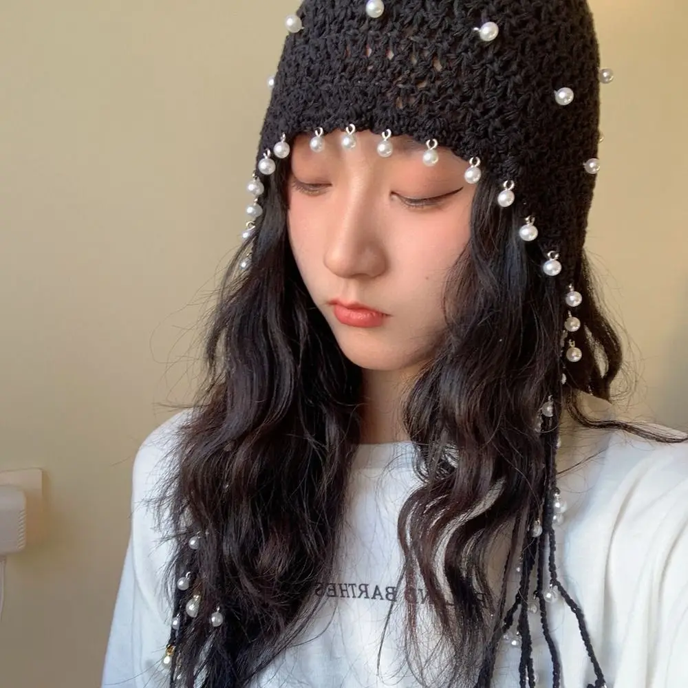 Crochet Flower Hollow Pearl Tassels Knitted Hat Beanies Weave Cap Knit Cap Hollow Out Korean Ethnic Style Hat 3