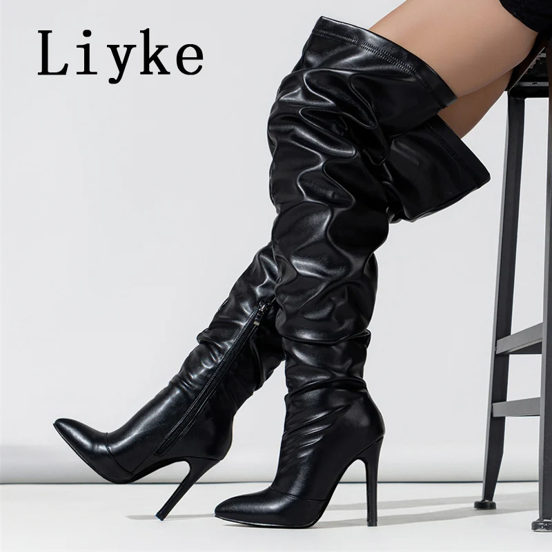 

Женские Кожаные ботфорты на шпильке, с острым носком, на молнии