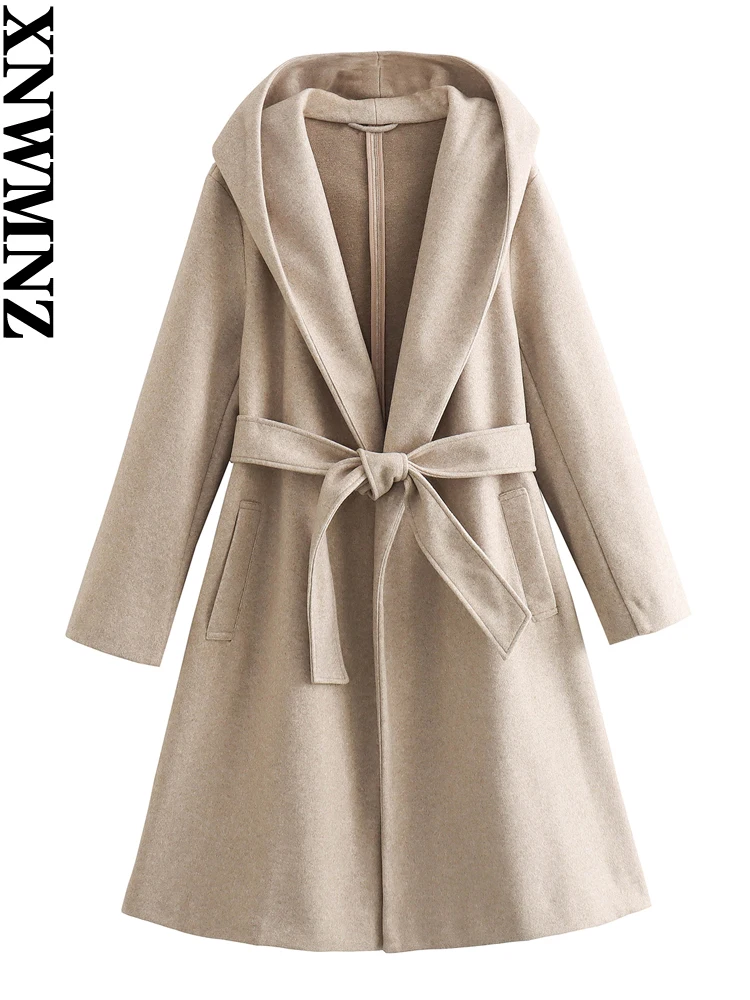 

XNWMNZ Женская мода 2023 осень/зима смешанный капюшон мягкое пальто Женская Винтажная с длинным рукавом ремень карман Универсальная женская верхняя одежда