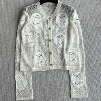 2026 New Black White Hollow Knitwear Flower Embroidered Top
