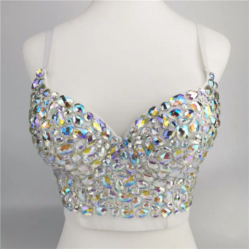 

Women AB Colored for Rhinestone Bustier Crop Top Push Up Corset