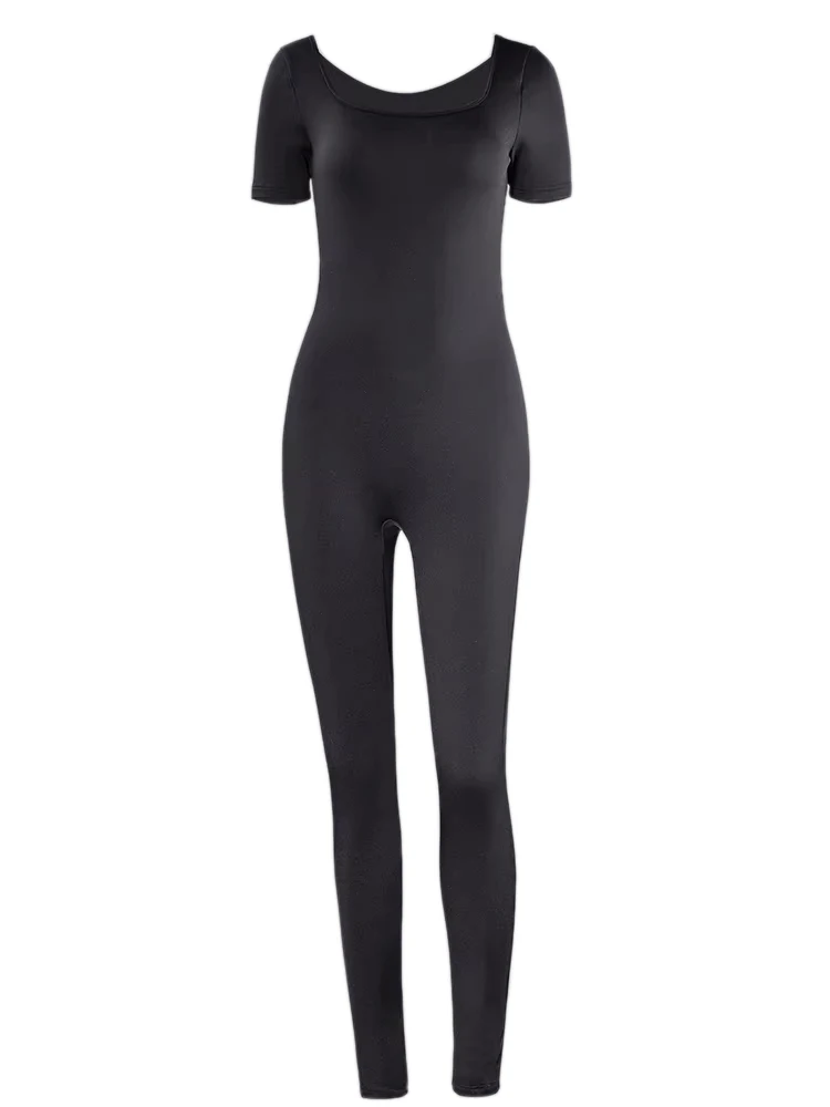 2025 Spring and Summer New Women's One-piece Short Sleeve Solid Color Sexy Slim One-piece Fashion Activity Street One-piece Suit