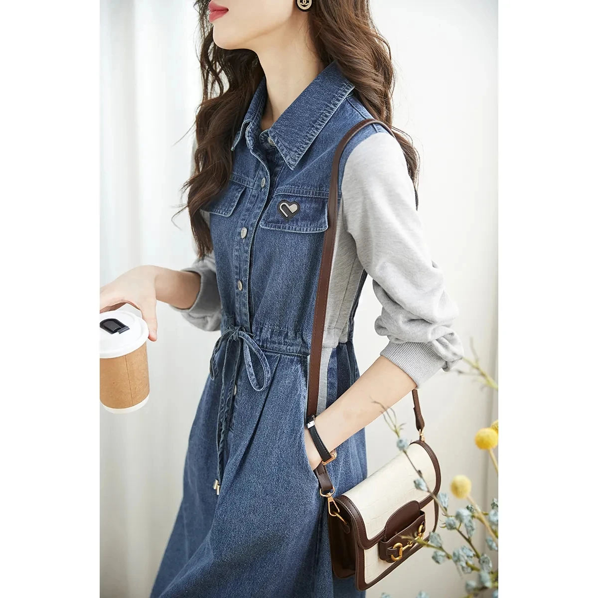 Korean Fashion Patchwork Denim Dress Women Mid Length Spring