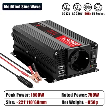 อินเวอร์เตอร์แปลงไฟ 300W-2000W จากไฟ DC 12V เป็นไฟ AC 220V-240V สำหรับรถยนต์ พร้อมเต้ารับแบบ EU ช่องเสียบ USB คู่ สำหรับชาร์จโทรศัพท์ ใช้ได้กับรถบ้านและกิจกรรมกลางแจ้ง ความถี่ 50Hz 13