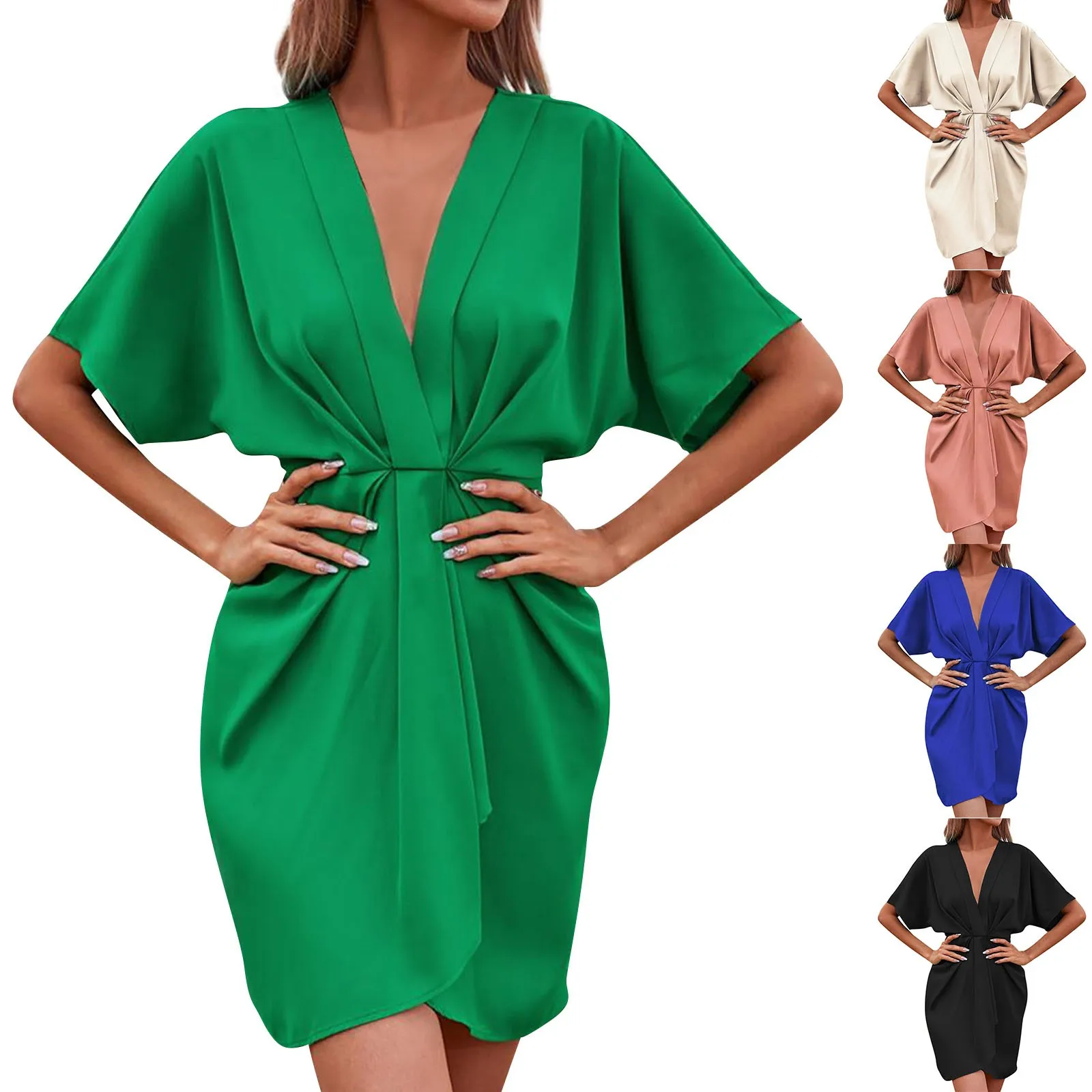 

Women's Fashionable Dresses Solid Color V Neck Pleated Short Sleeved Irregular Dress Youthful Slim-Type Dress ropa de mujer