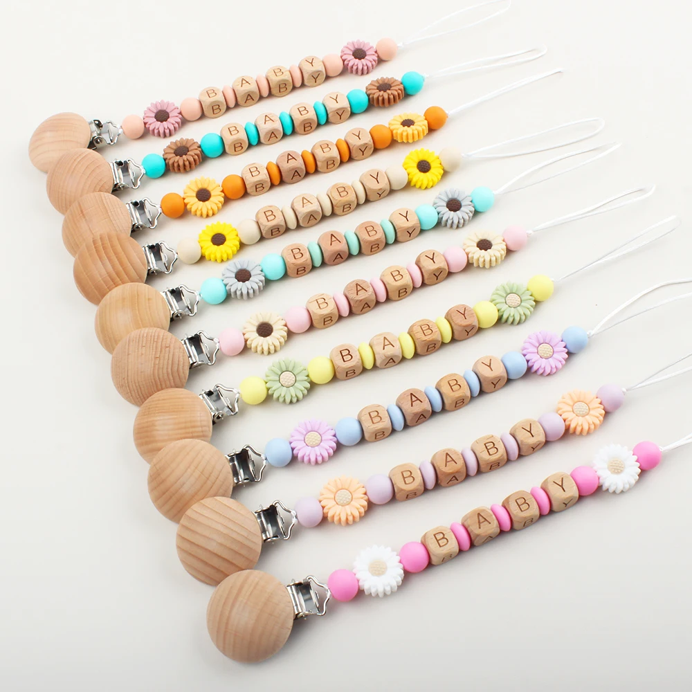 

Personalized Name Baby Pacifier Chain Wooden Pacifier Clips Silicone Flower beads Teethers Dummy Nipple Holder Teething Toys