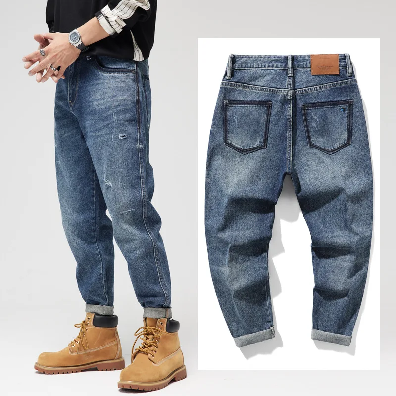 European and American casual washed stretch jeans men's autumn and winter retro denim hit color straight loose pants