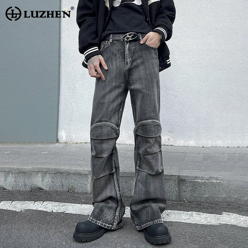 

LUZHEN 2024 American Style Stylish High Street Dark Fold Splicing Design Bell-bottoms Men's Trendy Slim Fit Casual Jeans LZ1102