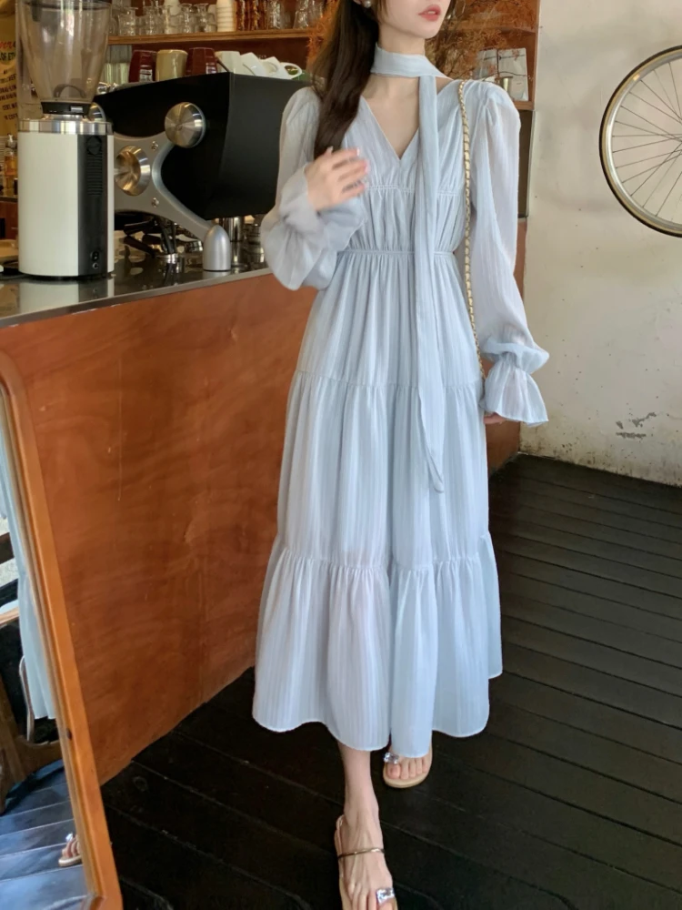 Elegant Autumn Midi Dresses for Women V-neck Flare Sleeves A-line Solid Korean Fashion Casual French Vintage Vestidos Mujer New