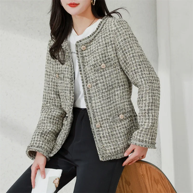 Tweed Plaid Office Lady Coat Women Autumn Basic Slim Korean Vintage Tassels Small Fragrance Casual Short Outside Jacket Winter