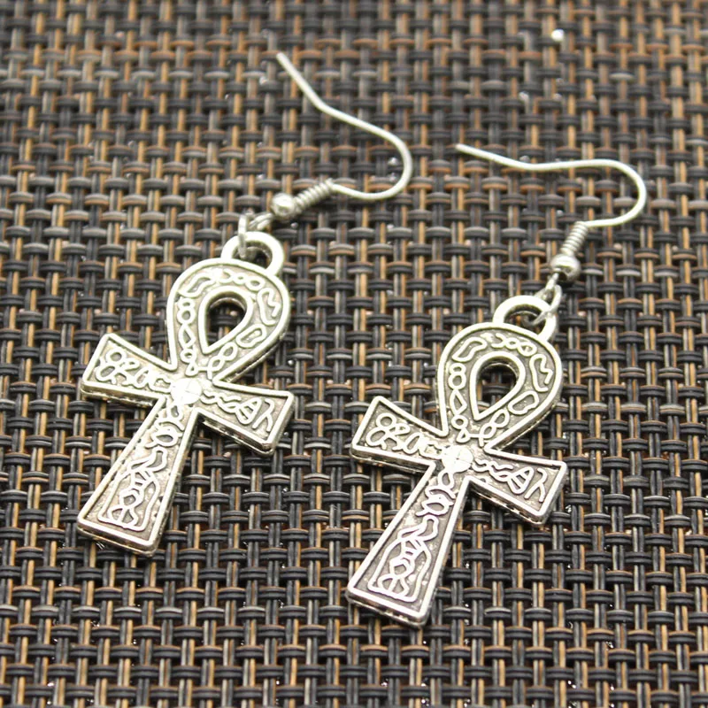 hroryn New Fashion Handmade Cross Egyptian Ankh Life Symbol Flower Cross Pendants Silver Color Earrings For Womens Style 3