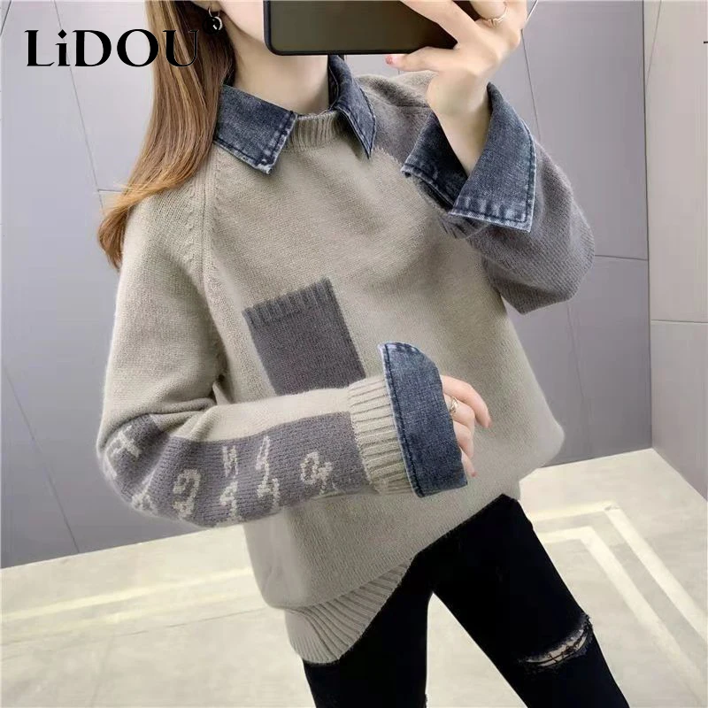 

Autumn Winter Denim Patchwork Polo-neck Sweater Ladies Streetwear Loose Casual Pocket Knitting Top Women Fake Two Pieces Jumpers