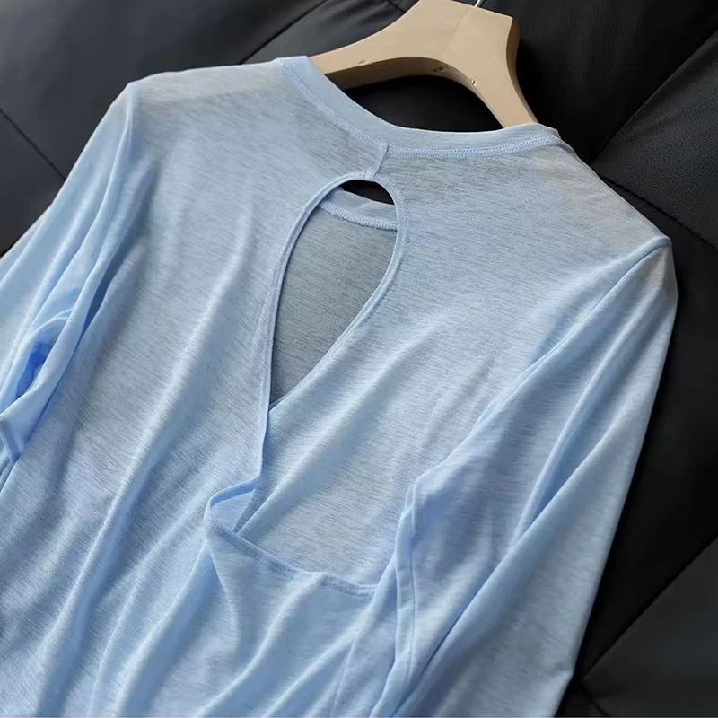 Autumn Thin Long Sleeve Yoga Blouse Loose Fit Breathable Gym Top for Women Hollow Beauty Back Design Running Fitness Pilates 6
