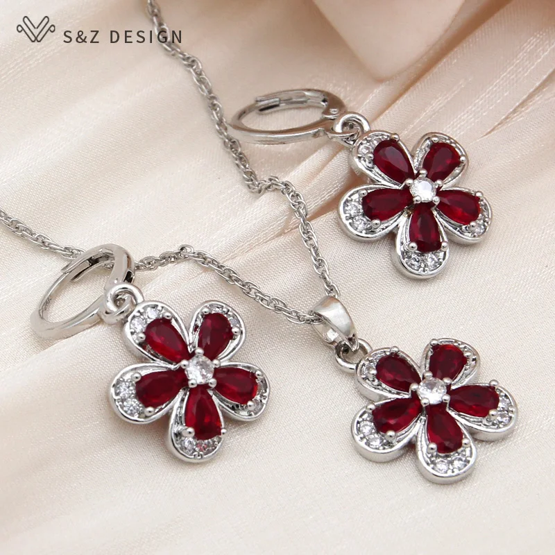 S&Z DESIGN New Fashion Cubic Zirconia Red Flowers Dangle Earrings Jewelry Sets For Women 585 Rose Gold Color Pendant Necklace