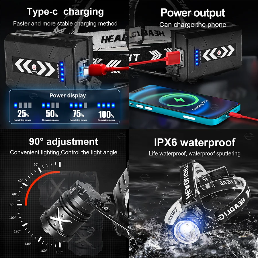 6800000LM LED 헤드램프 슈퍼 브라이트 고출력 LED 충전식 헤드 손전등 18650 야외 헤드라이트 낚시 캠핑 랜턴