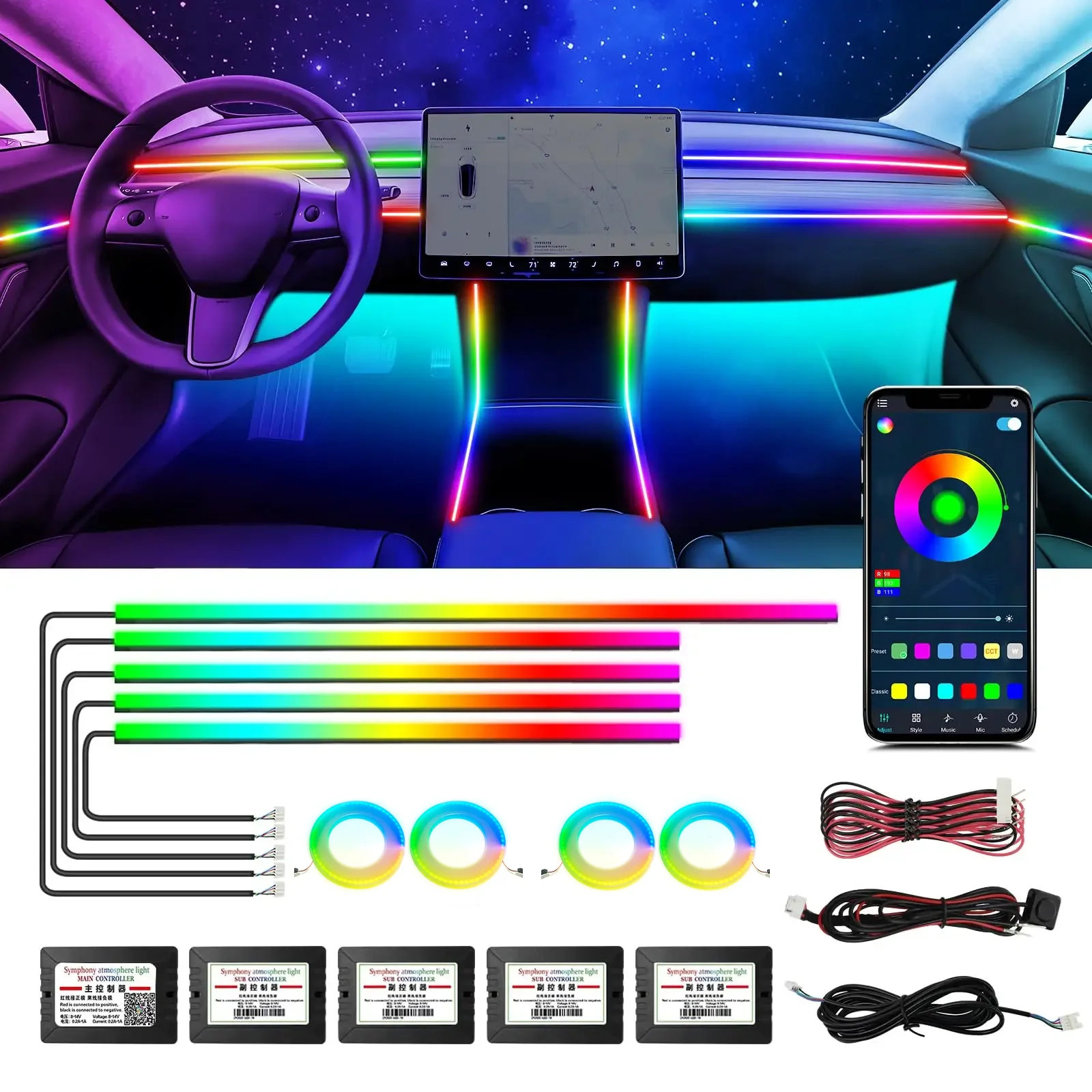 Tesla Car Ambient Lights - RGB 64-Color LED Interior Strip Symphony Atmosphere Lamp Accessories