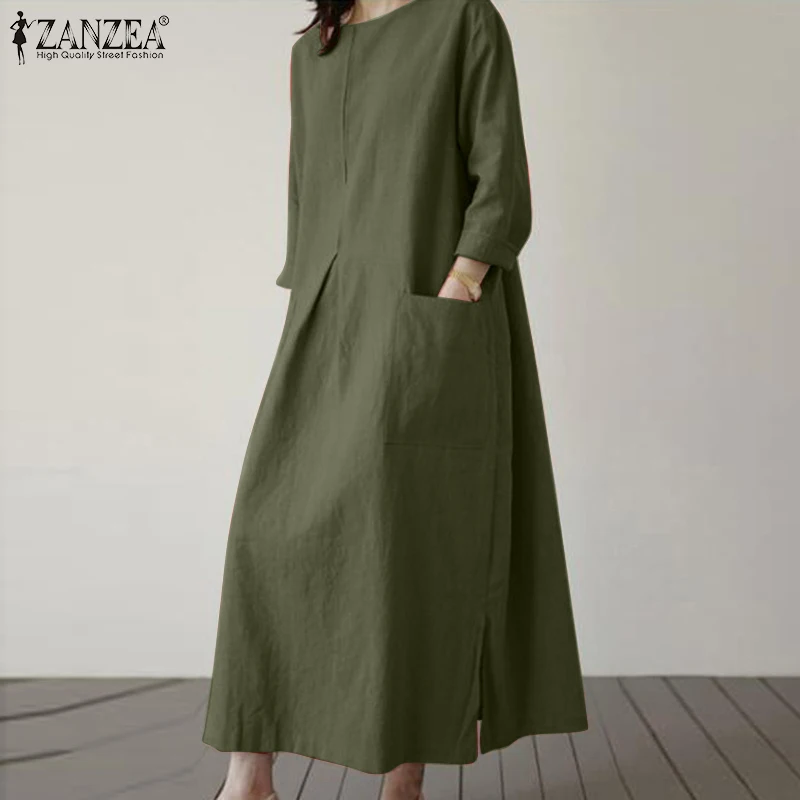 ZANZEA Spring Summer Loose Long Dress for Woman Cotton Linen O-Neck Long Sleeve Side Slit Solid Color Dresses Baggy Robes Femme 2