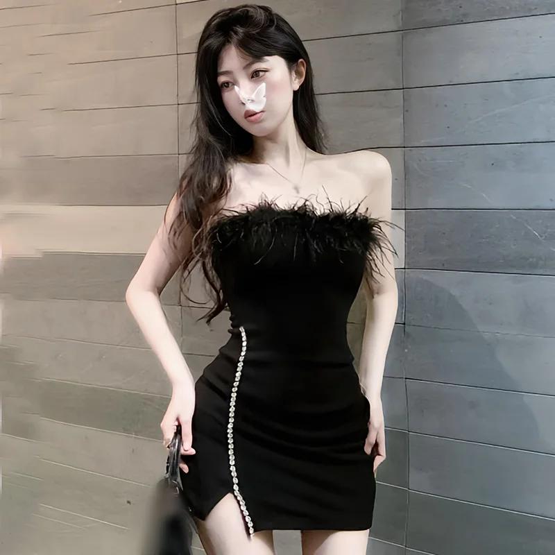 랩스커트 캐주얼 섹시 봉제 스티치 슬릿 디자인, 민소매 스트랩리스 패키지 힙 드레스, 단색, 한국 버전, 여름