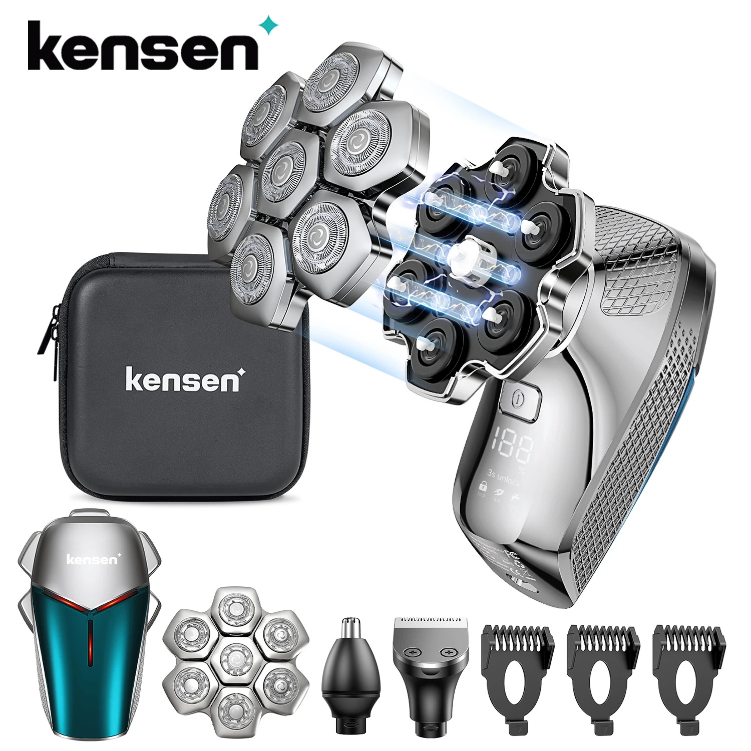 KENSEN 5 in 1 Electric Shaver Magnetic 7D Floating Blade Men's Grooming Kit Rechargeable Bald Head Shaving Machine Beard Trimmer