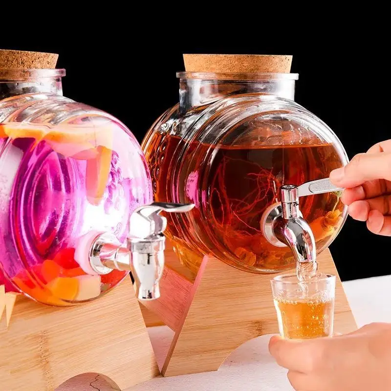Glass Barrel Stable with Wooden Stand Beer Dispenser Commercial Cold Drink Dispenser with Spigot for Pub Home Kitchen Bar Pub