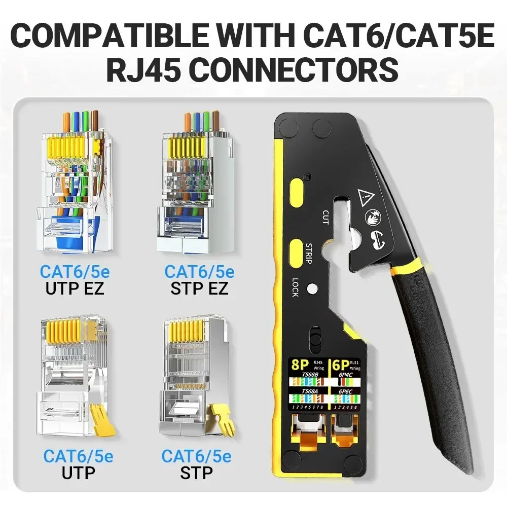 Network Crimper EZ-Type RJ45 3-in-1 Crimp/Cut/Strip Lan CAT8/7/6A/6/5E (STP/UTP) & RJ11/12 Tel Modular Cable (AM-6088)