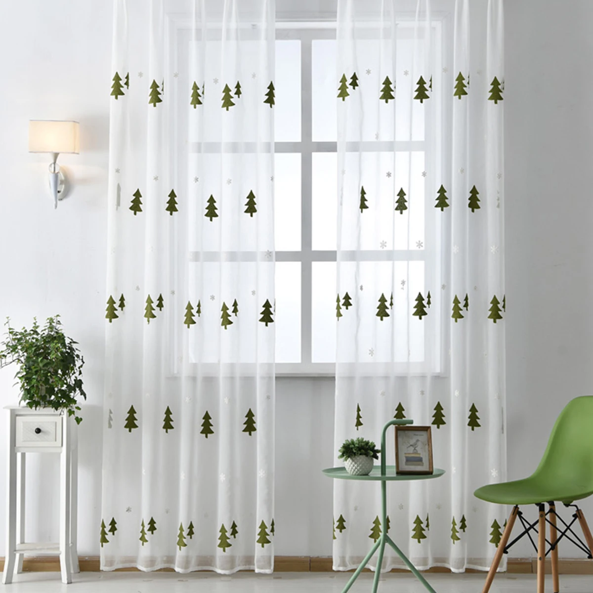 Christmas Tree Curtain for Living Room Sheer Tulle Voile Drapes Embroidered Window Screen Christmas Decoration 1PC