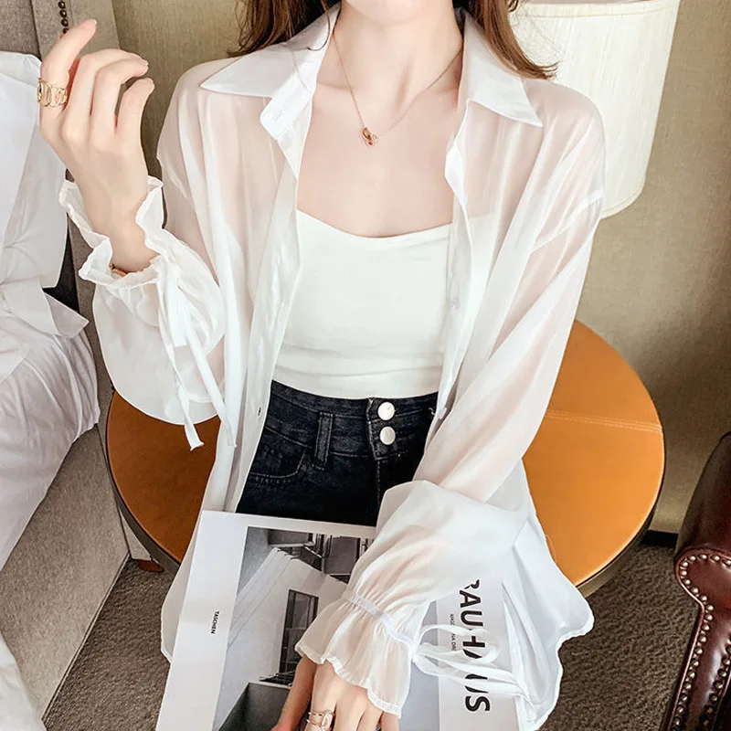 

Chiffon Thin Solid Color Cardigan Summer New Long Sleeve Lacing Loose Simplicity Casual Shirt Tops Sweet Fashion Women Clothing