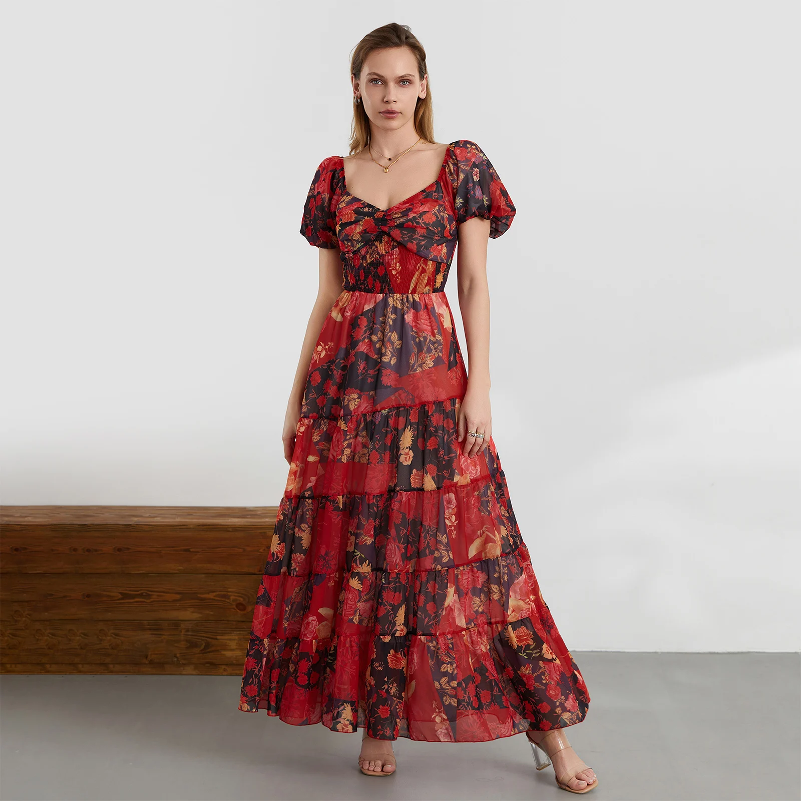 Vestido largo de manga corta abullonada para mujer, ropa de verano