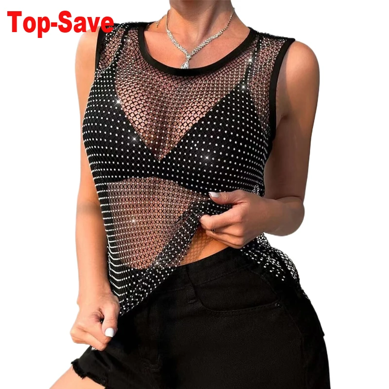 Frauen Tanks Tops Feminine Sexy Kristall Strass Ausgehöhlt Fishnet Abdeckung Ups Party Clubwear Crop Tube Top Für Frauen Runway