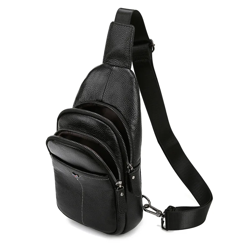 Men's Top Grain Leather Chest Crossbody Bag Fashion Casual Shoulder Bag Multi Functional Phone Pouch